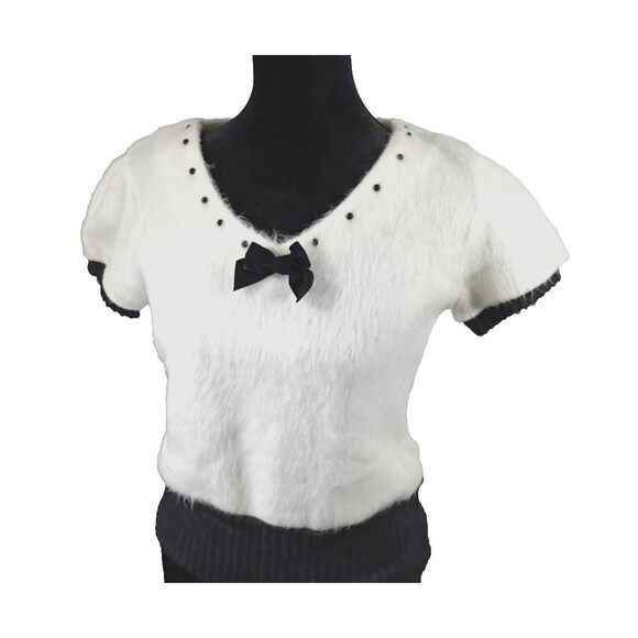 Crop Baby Top Sweater Size XS Scoop V Neck Faux White Fur Y2K Retro Twee NWT - Picture 1 of 9